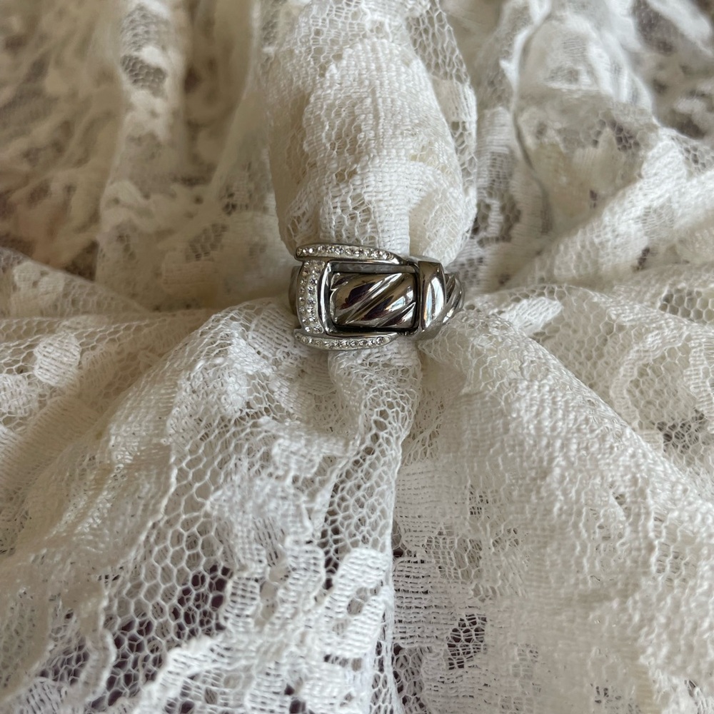 Stainless Steel Pave Cube Zirconia Belt & Buckle Design Ring. Size 6